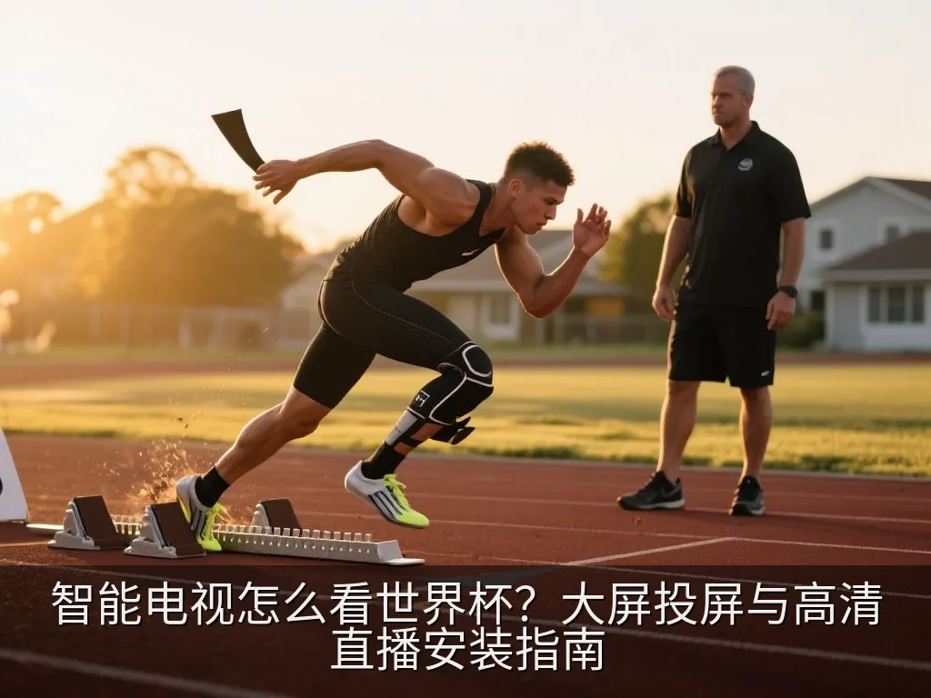 智能电视大屏播放高清足球比赛画面，家庭客厅温馨看球环境